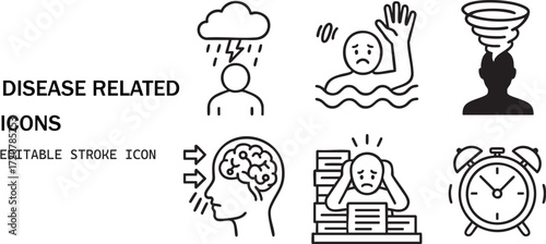 Collection of disease related icons representing mental health challenges and stress isolated on white background