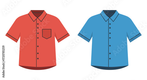 Two short sleeve casual button up shirts one red one blue apparel fashion clothing isolated on white background