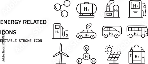 Diverse energy icons set representing future sustainable power solutions and mobility isolated on white background