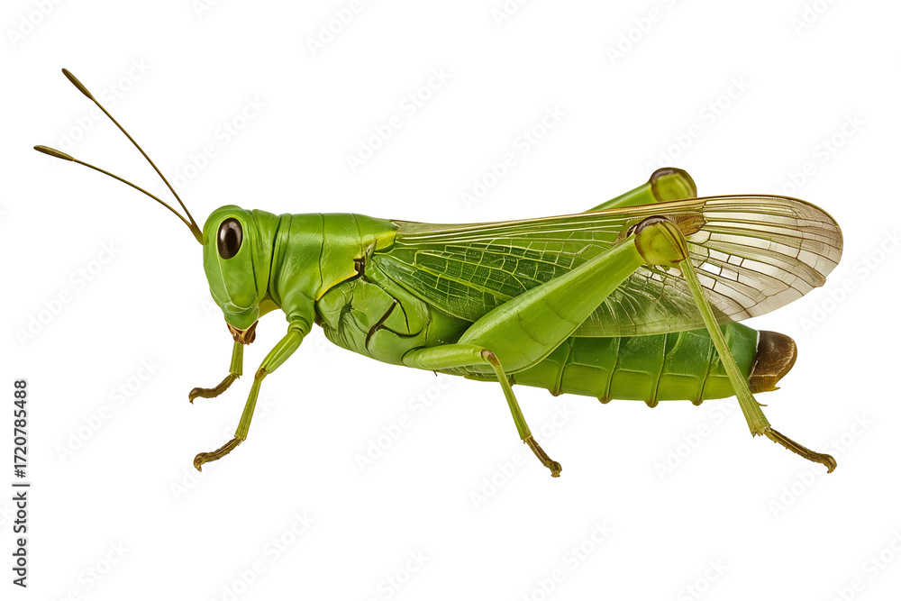 Fototapeta premium Detailed Side View of a Bright Green Grasshopper on Black Background isolated on a transparent background