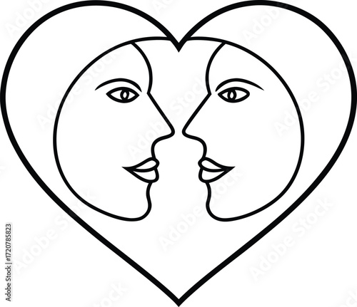 Vector art of stylized black and white illustration of two faces in profile, facing each other, forming the shape of a heart