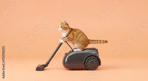 A cute and funny cat sitting on the dusting machine isolated on solid background
