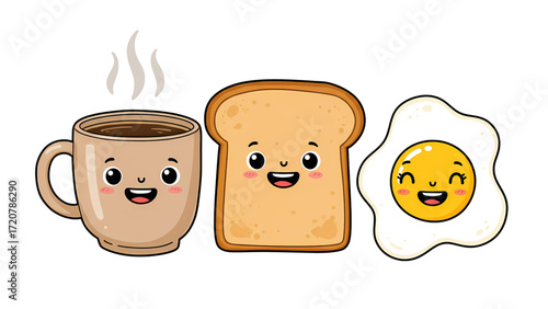 Cute cartoon breakfast set with smiling cup of coffee, toast bread, and fried egg, isolated on transparent background for food, morning, and cafe-themed design projects