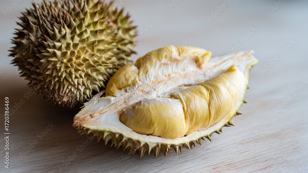 Obraz premium Durian: The Iconic Tropical Fruit Blending Irresistible Deliciousness—Creamy, Rich Taste—with Great Health Value, Packed with Vitamins, Minerals & Fiber to Nourish Body While Satisfying Taste Buds