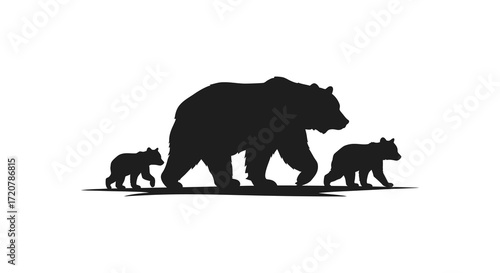 Silhouette of a mother bear walking with two cubs wilderness animal family wildlife graphic isolated on white background