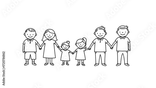 Outline Drawing of Family with Parents and Kids Holding Hands – Transparent Vector