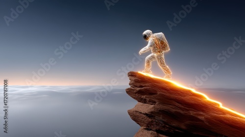 A realistic blurred photo of a mountain ridge at overcast twilight. In the foreground, a glowing neon line art of a climber scaling a rock. The figure is outlined in thick glowing gradient