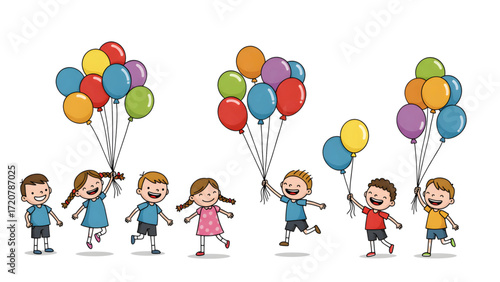 Group of Kids Holding Balloons and Smiling – Transparent Vector