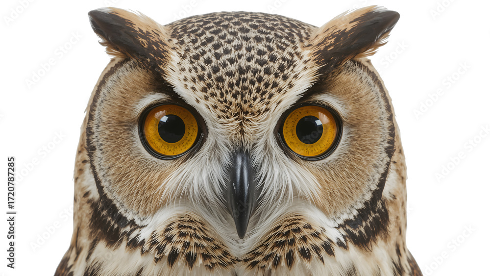 Obraz premium Closeup portrait of great horned owl with yellow eyes and detailed feathers on the transparent background