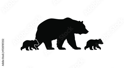 Silhouette of mother bear walking with two cubs evokes wildlife nature family protection themes isolated on white background