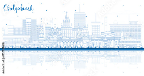Outline Chelyabinsk Russia city skyline with blue buildings and reflections. Chelyabinsk cityscape with landmarks. Business travel and tourism concept with modern and historic architecture.