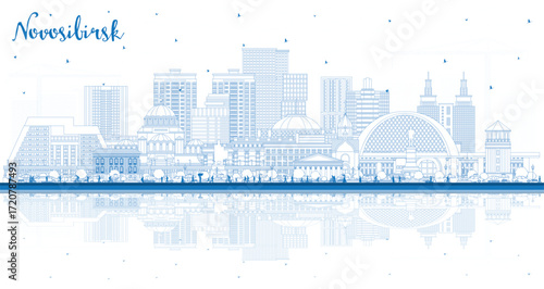 Outline Novosibirsk Russia city skyline with blue buildings and reflections. Novosibirsk cityscape with landmarks. Business travel and tourism concept with modern and historic architecture.