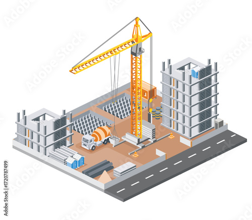 Isometric skyscraper construction site with tower crane, concrete mixer truck, building frames, materials, and road. Modern urban development process in progress. Illustration.