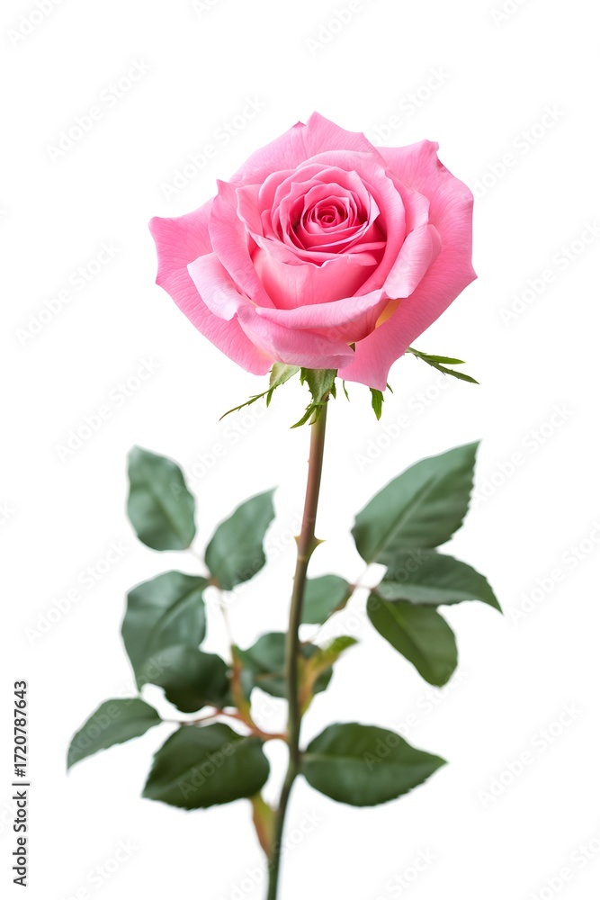 Obraz premium Single Pink Rose with Green Stem and Leaves on White Background