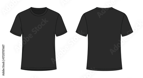 Two views of a plain black t-shirt front and back mockup isolated on white background
