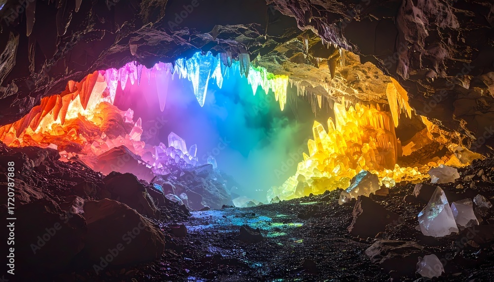 Fototapeta premium Vibrant Rainbow-Lit Cave Interior with Stalactites and Stalagmites.