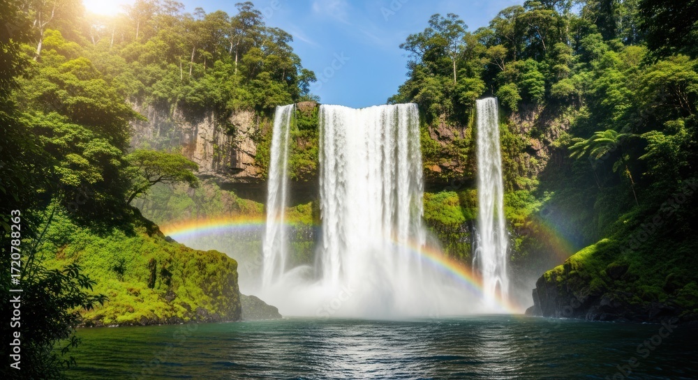 Fototapeta premium Majestic Waterfall with Vibrant Rainbow in Lush Tropical Rainforest, Serene Nature Landscape with Sunlight and Clear Blue Sky
