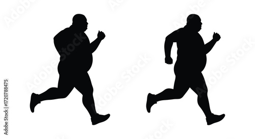 Silhouette of overweight person running forward dynamic motion fitness silhouette two figures side profile isolated on white background
