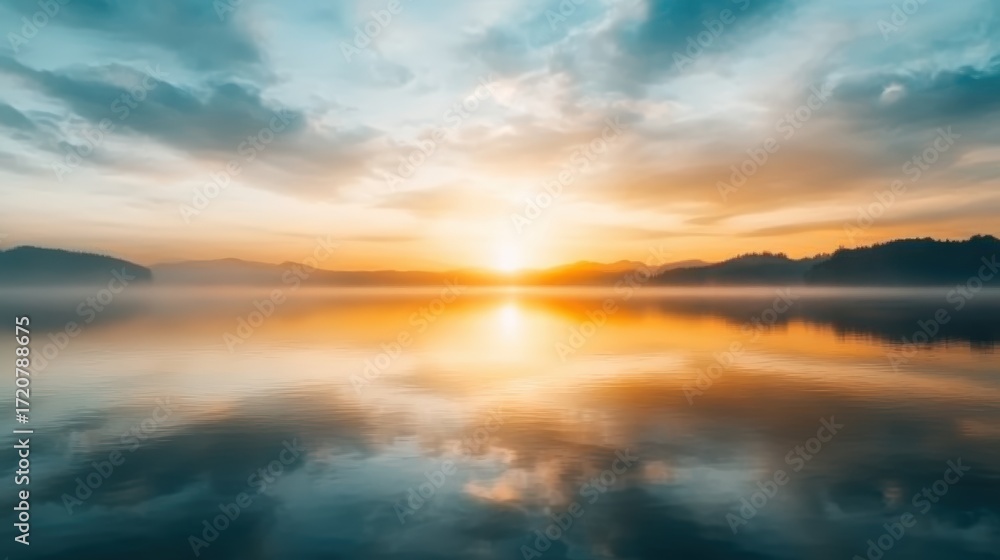 Obraz premium A breathtaking sunrise over a serene lake, reflecting vibrant orange and blue hues, surrounded by misty mountains creates a tranquil atmosphere perfect for relaxation or nature-themed projects,
