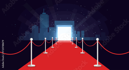 This flat design vector illustrates a chic red carpet leading to an abstract stage, symbolizing the glamour and excitement of a film festival gala. The clean modern style captures the event's prestige