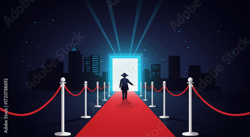 This flat design vector illustrates a chic red carpet leading to an abstract stage, symbolizing the glamour and excitement of a film festival gala. The clean modern style captures the event's prestige