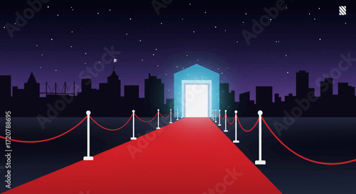This flat design vector illustrates a chic red carpet leading to an abstract stage, symbolizing the glamour and excitement of a film festival gala. The clean modern style captures the event's prestige