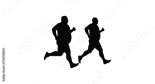 Two obese men silhouettes running showing weight loss journey and fitness motivation isolated on white background