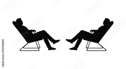 Two silhouetted figures relaxing in modern lounge chairs facing each other isolated on white background