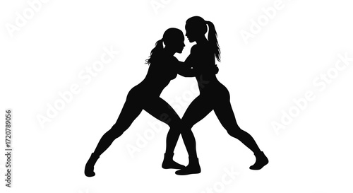 Athletic women silhouettes grappling in dynamic competitive stance ready for action isolated on white background