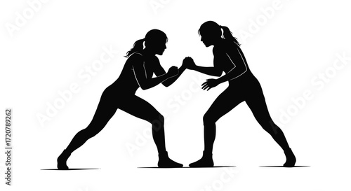 Dynamic silhouette of two women boxing in intense stance ready for combat isolated on white background