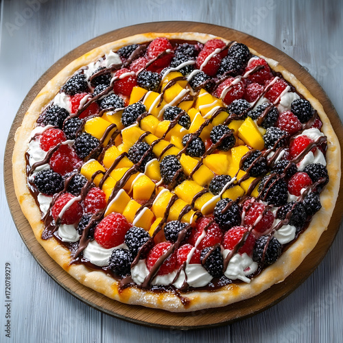 Wallpaper Mural Delicious dessert pizza topped with fresh mango, raspberries, blackberries, whipped cream, and drizzled chocolate served on a plate for sweet gourmet presentation Torontodigital.ca