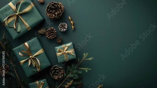 Elegant Green and Gold Gift Boxes with Pine Cones and Greenery
