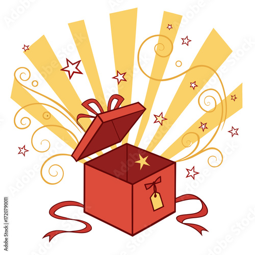 Vector art of an open red gift box with a yellow tag and ribbon, , with yellow rays and swirling stars emanating from it