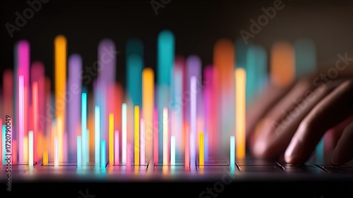 Colorful Data Visualization with Abstract Bars and Keyboard Hands