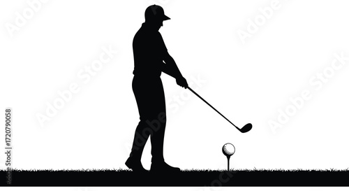 Golfer silhouette swinging a club during a tee shot on a sunny day isolated on white background
