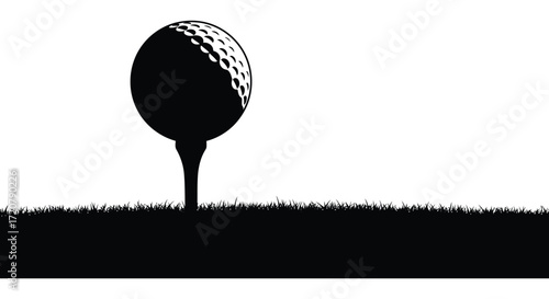 Silhouette of a golf ball on a tee with grass texture for sports photography isolated on white background