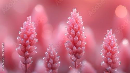Macro Close-Up of Four Delicate Pink Flower Spikes (Likely Aloe/Succulent): Covered in Tiny Transparent Light-Reflecting Drops, Soft Pink Bokeh Background