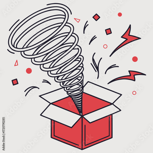 Illustration of a tornado erupting from an open cardboard box, symbolizing unexpected events or ideas