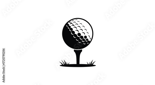 Classic golf ball on tee with grass and dimples detail isolated on white background