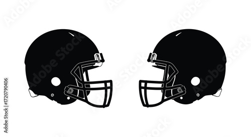 Two black football helmets facing each other ready for a gridiron showdown isolated on white background