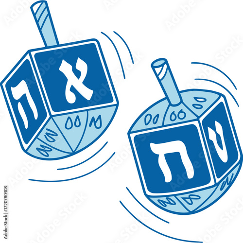 Vector art of two blue dreidels spinning with hebrew letters on sides