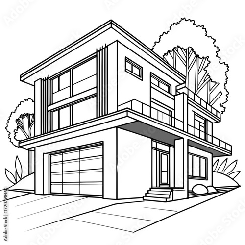 Vector art of modern house exterior line drawing with garage and trees