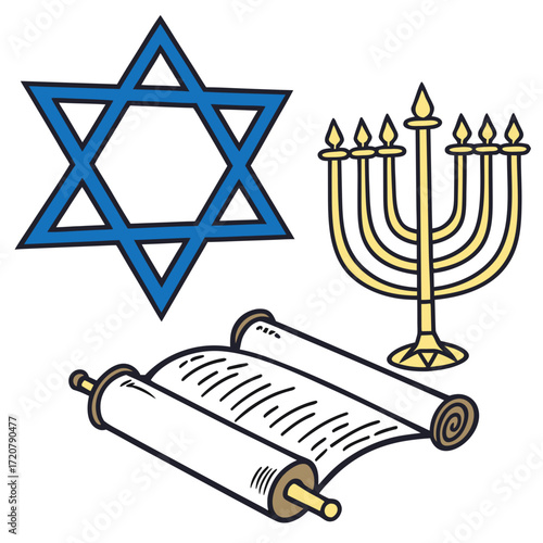 Vector art of jewish symbols including a star of david, menorah, and torah scroll