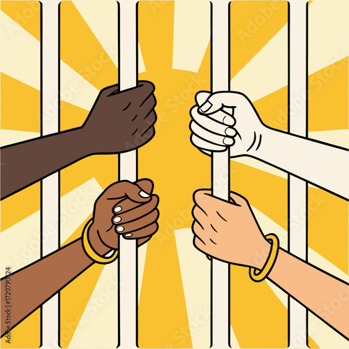 Vector art of diverse hands holding onto prison bars, symbolizing unity and hope for freedom
