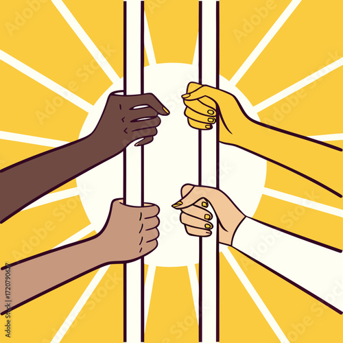 Vector art of diverse hands holding onto bars against a bright yellow sunburst background, symbolizing unity and hope