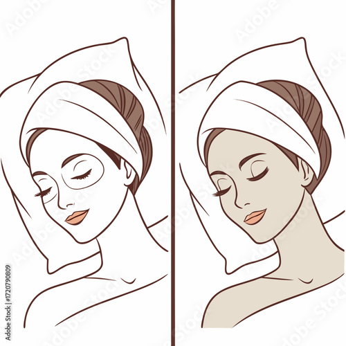 Vector art of woman applying facial mask and after application, beauty treatment