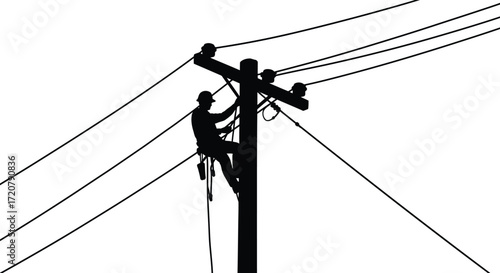 Silhouette of lineman climbing utility pole working on power lines under sky isolated on white background