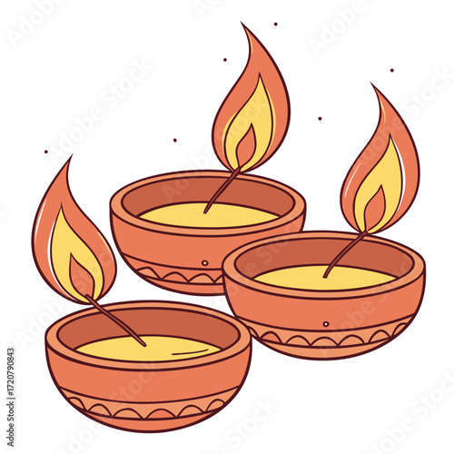 Vector art of three traditional clay diyas with lit flames, symbolizing light and celebration