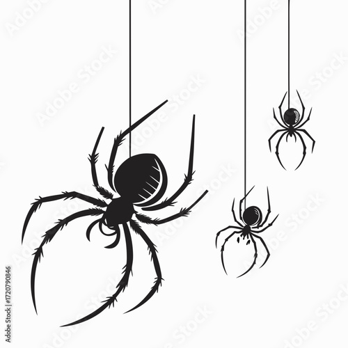 Vector art of three black spiders hanging on threads