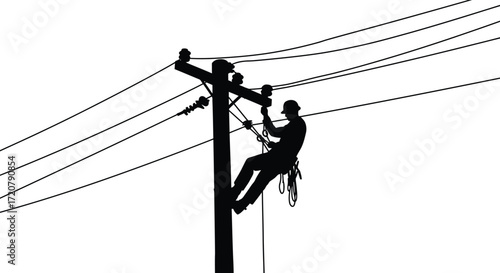 Lineman silhouette working on power lines against sky high voltage electrical maintenance work isolated on white background